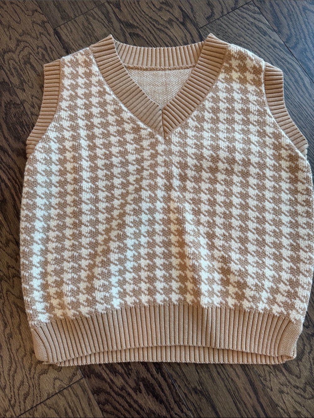 Beige and Cream Houndstooth V-Neck Sweater Vest